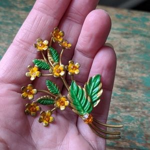 Vintage AUSTRIA Painted Metal & Rhinestone Crystal Yellow Flower Brooch
